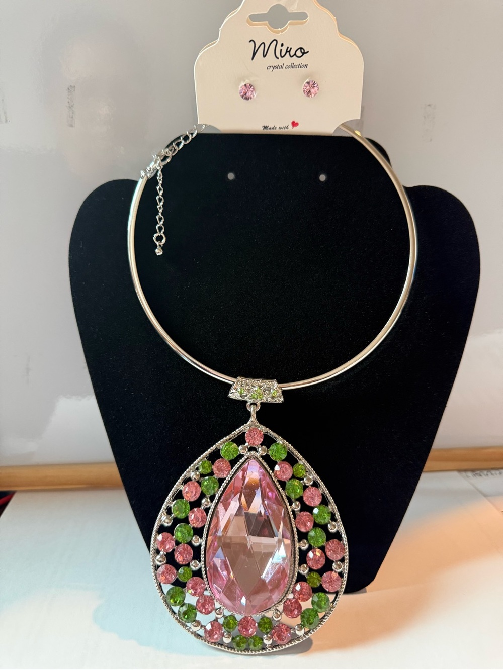 Pink & Green Teardrop Crystal Statement Necklace